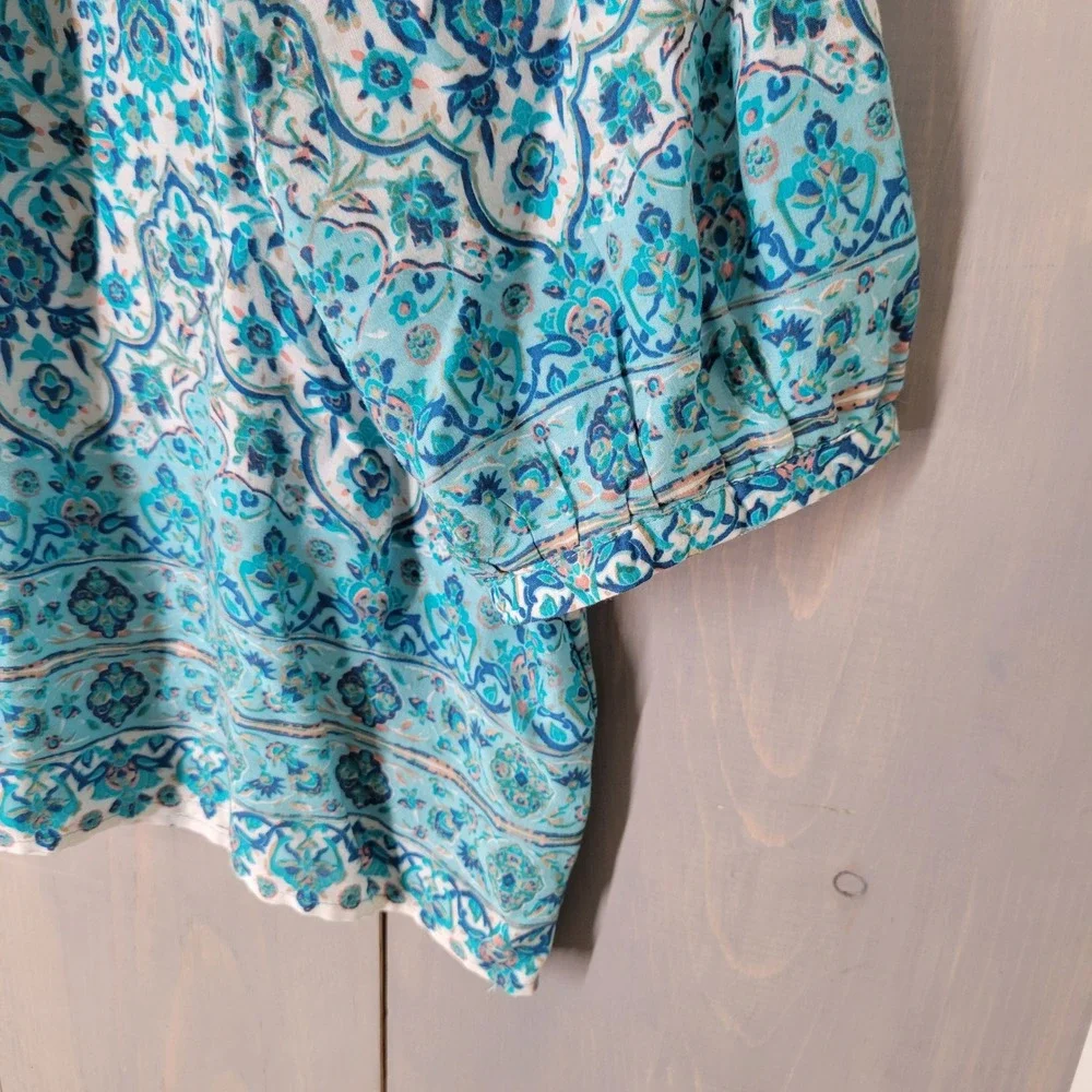 Grand & Greene Blouse Womens‎ XL Blue Paisley Medallion Boho Rayon 3/4 Sleeve